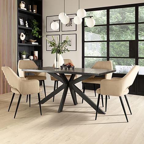 Madison Dining Table & 6 Clara Chairs, Black Oak Effect & Black Steel, Champagne Classic Velvet, 180-220cm