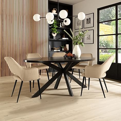 Madison Oval Dining Table & 4 Clara Chairs, Black Oak Effect & Black Steel, Champagne Classic Velvet, 180-220cm