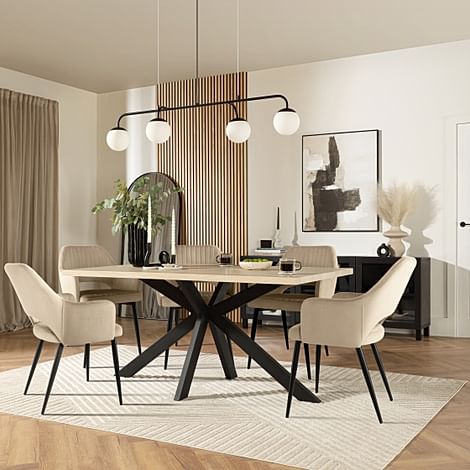 Madison Dining Table & 4 Clara Chairs, Light Oak Effect & Black Steel, Champagne Classic Velvet, 160cm