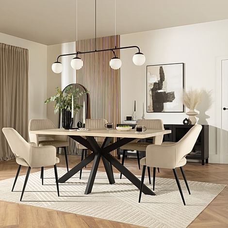 Madison Dining Table & 4 Clara Chairs, Light Oak Effect & Black Steel, Champagne Classic Velvet, 180-220cm