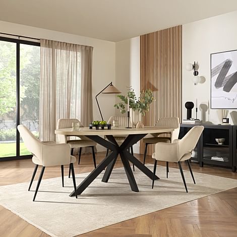 Madison Oval Dining Table & 4 Clara Chairs, Light Oak Effect & Black Steel, Champagne Classic Velvet, 180-220cm