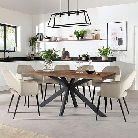 Madison Industrial Dining Table & 4 Clara Chairs, Walnut Effect & Black Steel, Champagne Classic Velvet, 180-220cm