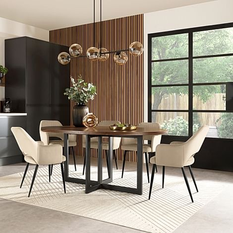 Newbury Oval Industrial Dining Table & 4 Clara Chairs, Walnut Effect & Black Steel, Champagne Classic Velvet, 180cm