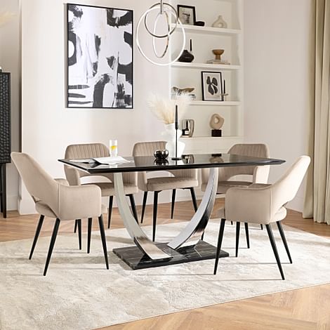 Peake Dining Table & 4 Clara Chairs, Black Marble Effect & Chrome, Champagne Classic Velvet & Black Steel, 160cm