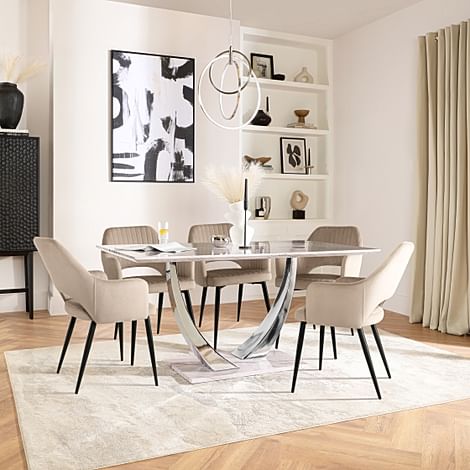 Peake Dining Table & 4 Clara Chairs, Grey Marble Effect & Chrome, Champagne Classic Velvet & Black Steel, 160cm