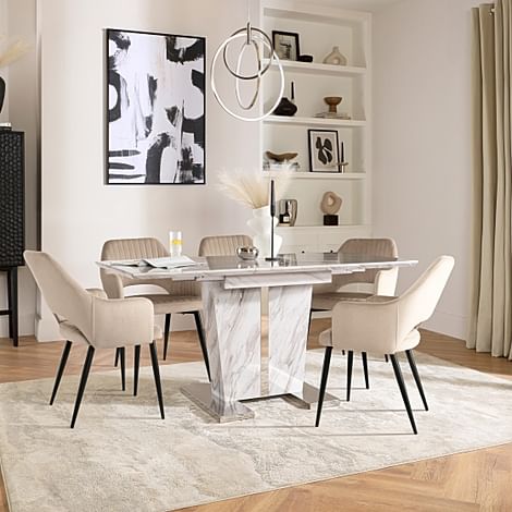 Vienna Extending Dining Table & 4 Clara Chairs, Grey Marble Effect, Champagne Classic Velvet & Black Steel, 180-220cm