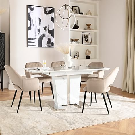 Vienna Extending Dining Table & 4 Clara Chairs, White Marble Effect, Champagne Classic Velvet & Black Steel, 180-220cm