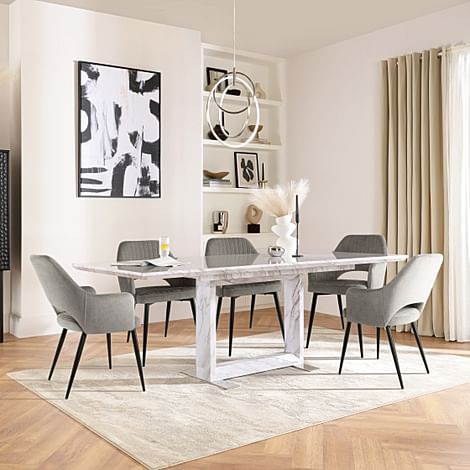 Tokyo Extending Dining Table & 4 Clara Chairs, Grey Marble Effect, Grey Classic Velvet & Black Steel, 160-220cm