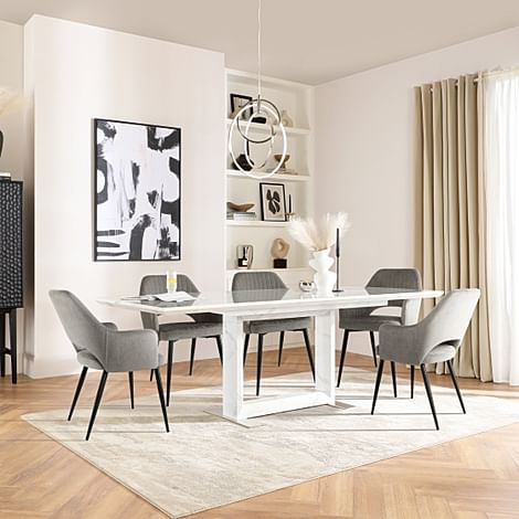 Tokyo Extending Dining Table & 4 Clara Chairs, White Marble Effect, Grey Classic Velvet & Black Steel, 160-220cm