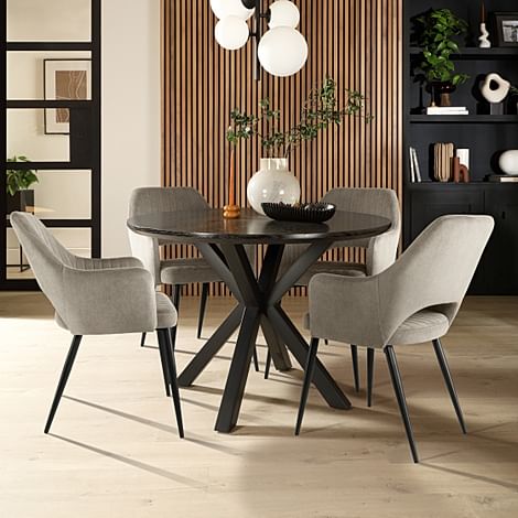 Newark Round Dining Table & 4 Clara Chairs, Black Oak Effect & Black Steel, Grey Classic Velvet, 180-220cm