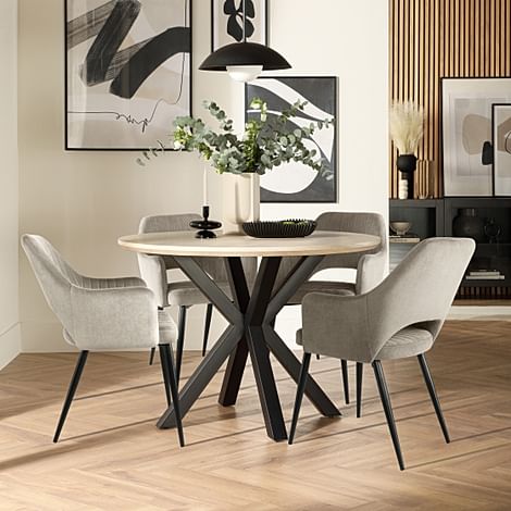 Newark Round Dining Table & 4 Clara Chairs, Light Oak Effect & Black Steel, Grey Classic Velvet, 180-220cm