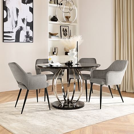 Savoy Round Dining Table & 4 Clara Chairs, Black Marble Effect & Chrome, Grey Classic Velvet & Black Steel, 180-220cm