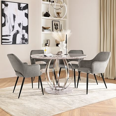 Savoy Round Dining Table & 4 Clara Chairs, Grey Marble Effect & Chrome, Grey Classic Velvet & Black Steel, 180-220cm