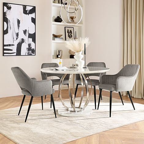 Savoy Round Dining Table & 4 Clara Chairs, White Marble Effect & Chrome, Grey Classic Velvet & Black Steel, 180-220cm