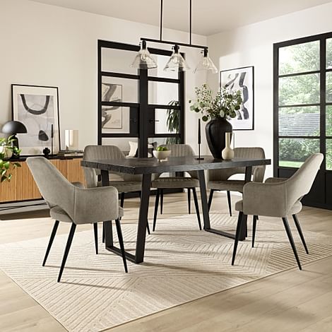 Addison Dining Table & 6 Clara Chairs, Black Oak Effect & Black Steel, Grey Classic Velvet, 180-220cm