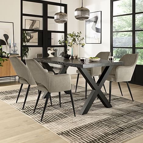 Franklin Dining Table & 4 Clara Chairs, Black Oak Effect & Black Steel, Grey Classic Velvet, 180-220cm