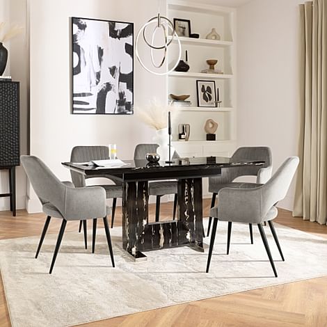 Florence Extending Dining Table & 4 Clara Chairs, Black Marble Effect, Grey Classic Velvet & Black Steel, 180-220cm