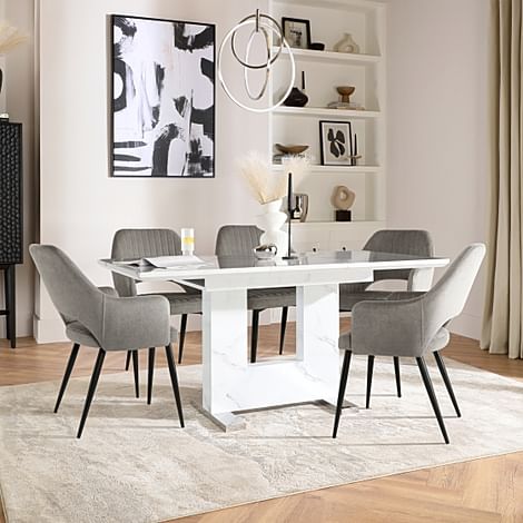 Florence Extending Dining Table & 4 Clara Chairs, White Marble Effect, Grey Classic Velvet & Black Steel, 180-220cm