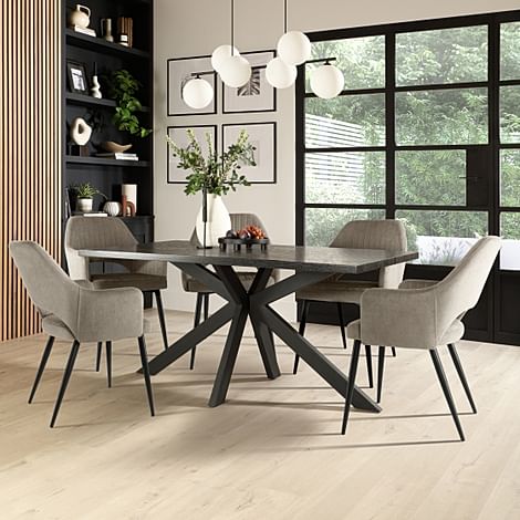 Madison Dining Table & 4 Clara Chairs, Black Oak Effect & Black Steel, Grey Classic Velvet, 180-220cm