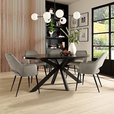 Madison Oval Dining Table & 6 Clara Chairs, Black Oak Effect & Black Steel, Grey Classic Velvet, 180-220cm