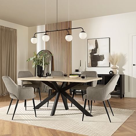 Madison Dining Table & 6 Clara Chairs, Light Oak Effect & Black Steel, Grey Classic Velvet, 180-220cm