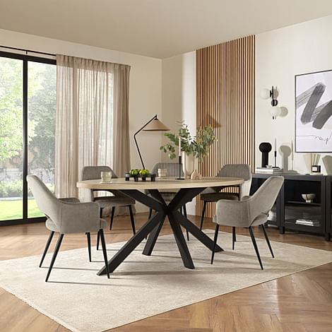 Madison Oval Dining Table & 4 Clara Chairs, Light Oak Effect & Black Steel, Grey Classic Velvet, 180cm