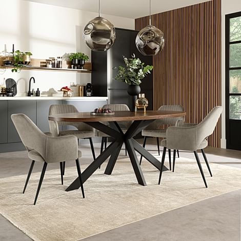 Madison Oval Industrial Dining Table & 6 Clara Chairs, Walnut Effect & Black Steel, Grey Classic Velvet, 180cm