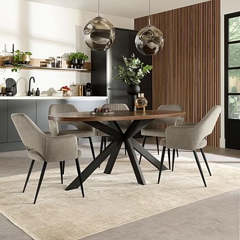 Madison Oval Industrial Dining Table & 6 Clara Chairs, Walnut Effect & Black Steel, Grey Classic Velvet, 180-220cm