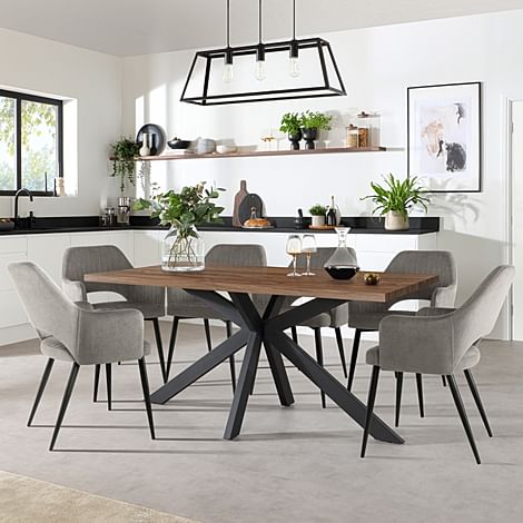 Madison Industrial Dining Table & 4 Clara Chairs, Walnut Effect & Black Steel, Grey Classic Velvet, 180-220cm