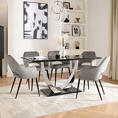 Peake Dining Table & 4 Clara Chairs, Black Marble Effect & Chrome, Grey Classic Velvet & Black Steel, 180-220cm