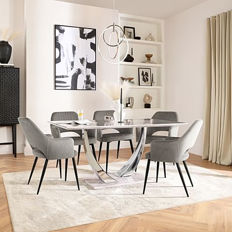 Peake Dining Table & 4 Clara Chairs, Grey Marble Effect & Chrome, Grey Classic Velvet & Black Steel, 180-220cm