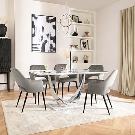Peake Dining Table & 4 Clara Chairs, White Marble Effect & Chrome, Grey Classic Velvet & Black Steel, 180-220cm