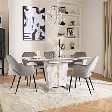Vienna Extending Dining Table & 4 Clara Chairs, Grey Marble Effect, Grey Classic Velvet & Black Steel, 180-220cm
