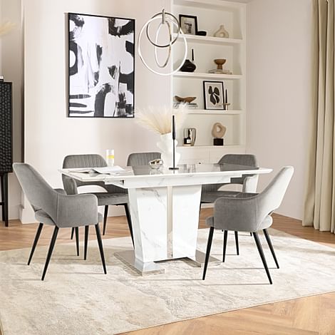 Vienna Extending Dining Table & 4 Clara Chairs, White Marble Effect, Grey Classic Velvet & Black Steel, 120-160cm