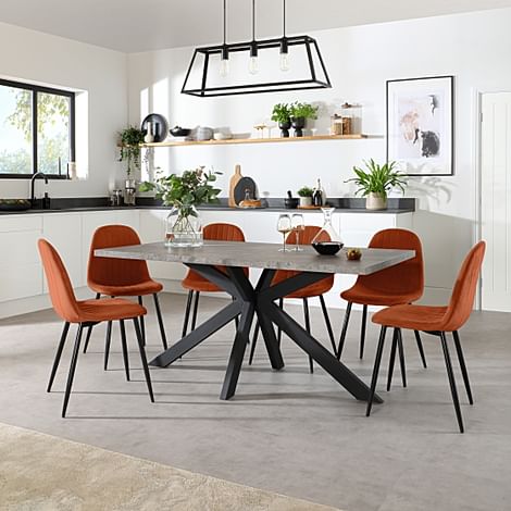 Madison Industrial Dining Table & 4 Brooklyn Chairs, Grey Concrete Effect & Black Steel, Burnt Orange Classic Velvet, 160cm