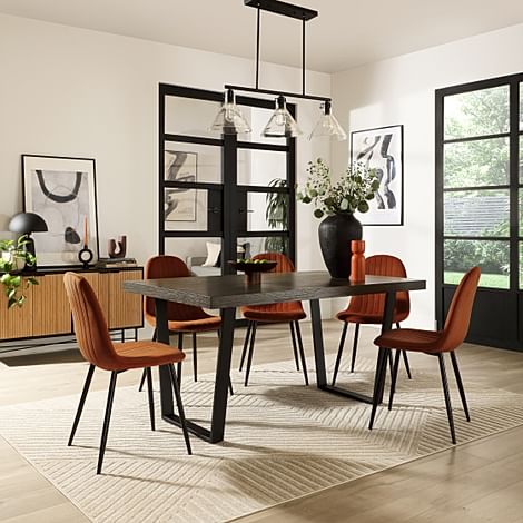 Addison Industrial Dining Table & 6 Brooklyn Chairs, Grey Oak Veneer & Black Steel, Burnt Orange Classic Velvet, 150cm