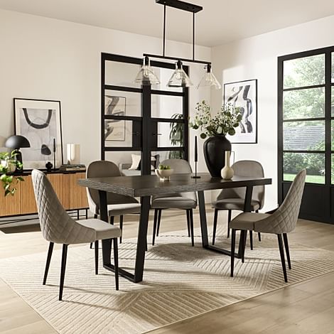 Addison Industrial Dining Table & 6 Ricco Chairs, Grey Oak Veneer & Black Steel, Grey Classic Velvet, 150cm