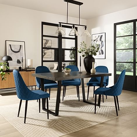 Addison Industrial Dining Table & 6 Ricco Chairs, Grey Oak Veneer & Black Steel, Blue Classic Velvet, 150cm