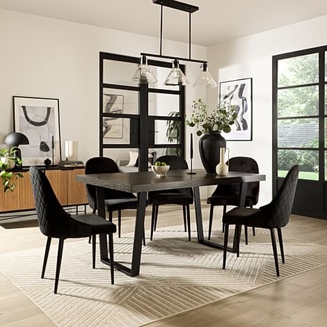 Addison Industrial Dining Table & 6 Ricco Chairs, Grey Oak Veneer & Black Steel, Black Classic Velvet, 150cm