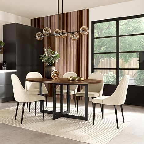 Newbury Oval Industrial Dining Table & 6 Ricco Chairs, Walnut Effect & Black Steel, Ivory Classic Plush Fabric, 180cm