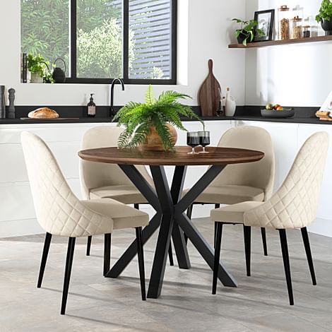 Newark Round Industrial Dining Table & 4 Ricco Chairs, Walnut Effect & Black Steel, Ricco Ivory Classic Plush Fabric, 110cm