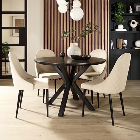 Newark Round Dining Table & 4 Ricco Chairs, Black Oak Effect & Black Steel, Ivory Classic Plush Fabric, 160cm