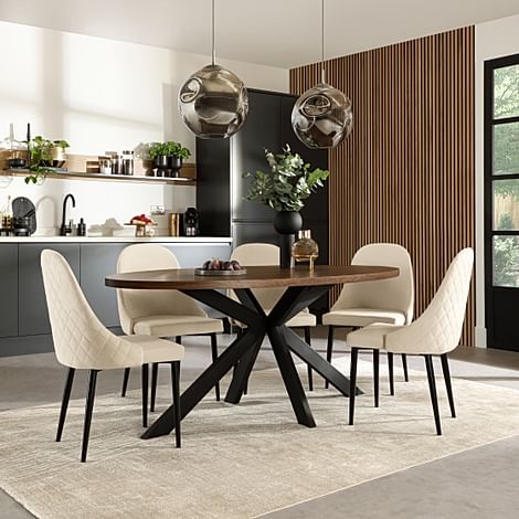 Madison Oval Industrial Dining Table & 4 Ricco Chairs, Walnut Effect & Black Steel, Ivory Classic Plush Fabric, 180cm