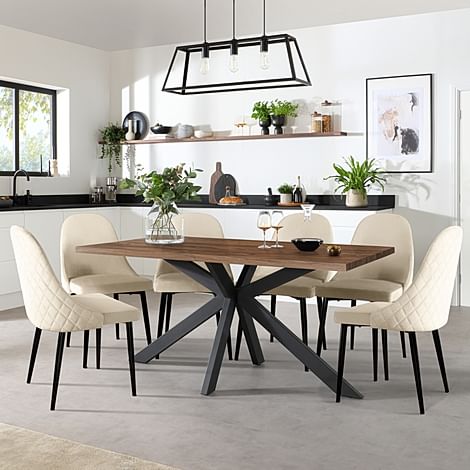 Madison Industrial Dining Table & 6 Ricco Chairs, Walnut Effect & Black Steel, Ricco Ivory Classic Plush Fabric, 160cm