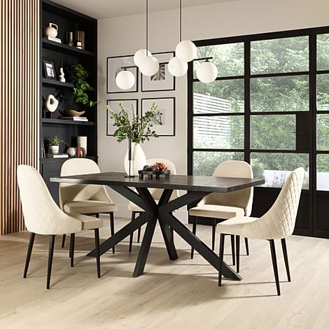 Madison Dining Table & 4 Ricco Chairs, Black Oak Effect & Black Steel, Ivory Classic Plush Fabric, 160cm