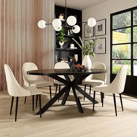 Madison Oval Dining Table & 6 Ricco Chairs, Black Oak Effect & Black Steel, Ivory Classic Plush Fabric, 160cm
