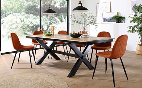 Grange Extending Dining Table & 6 Brooklyn Chairs, Natural Oak Veneer & Black Solid Hardwood, Burnt Orange Classic Velvet & Black Steel, 180-220cm
