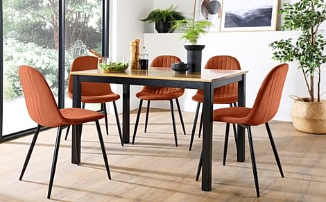Milton Dining Table & 6 Brooklyn Chairs, Natural Oak Finish & Black Solid Hardwood, Burnt Orange Classic Velvet & Black Steel, 120cm