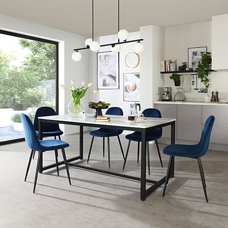 Avenue Dining Table & 4 Brooklyn Chairs, White Marble Effect & Black Steel, Blue Classic Velvet, 160cm