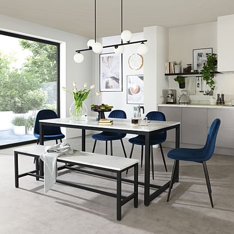Avenue Dining Table, Bench & 2 Brooklyn Chairs, White Marble Effect & Black Steel, Blue Classic Velvet, 160cm